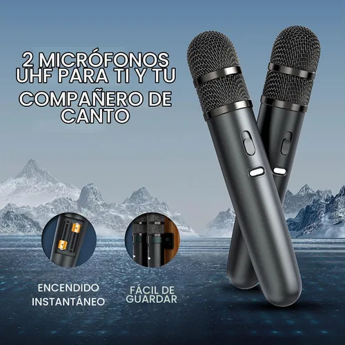 Vista 4 de [Usado] MASINGO Máquina de karaoke portátil 4 en 1 con proyector inteligente de 1080p con WiFi, altavoz y 2 micrófonos inalámbricos. Sistema Android