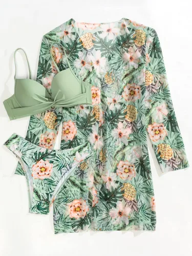 Vista 2 de MakeMeChic Traje de baño de 3 piezas para mujer, traje de baño de bikini con realce tropical con kimono