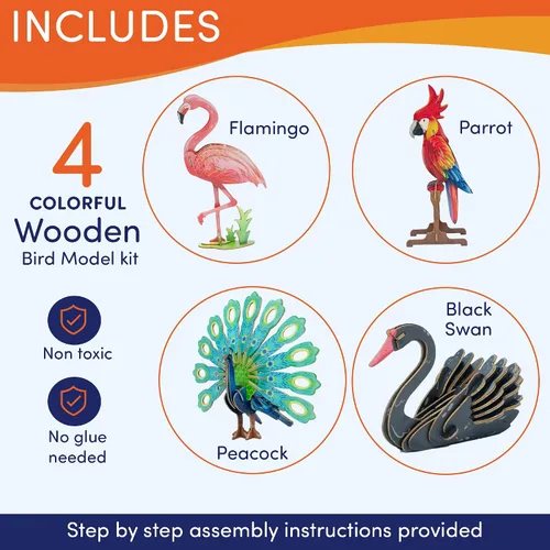 Vista 5 de Rompecabezas de madera 3D 4 coloridos pájaros de juguete para niños, kits de construcción de modelos, rompecabezas de cerebro, kits educativos STEM