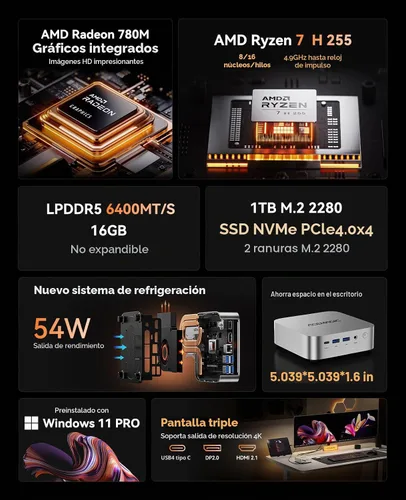 Vista 3 de ACEMAGIC Mini Pc Gaming Ryzen 7 H255 16GB 6400MT/s RAM 1TB SSD