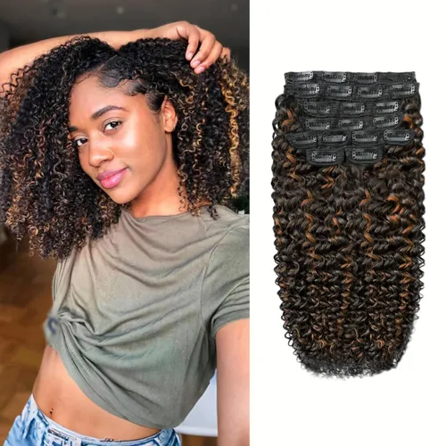 Vista 8 de Extensiones de cabello rizado kinky con clip para mujeres negras 14 pulgadas 2# marrón oscuro extensiones de cabello rizado con clip cabello humano