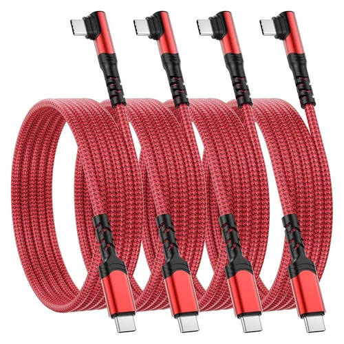 Vista 9 de Cable corto USB C a USB C de 60 W (1 pie, paquete de 3), cable USB-C trenzado de nailon de carga rápida en ángulo recto, cable de carga C de 90 Rojo