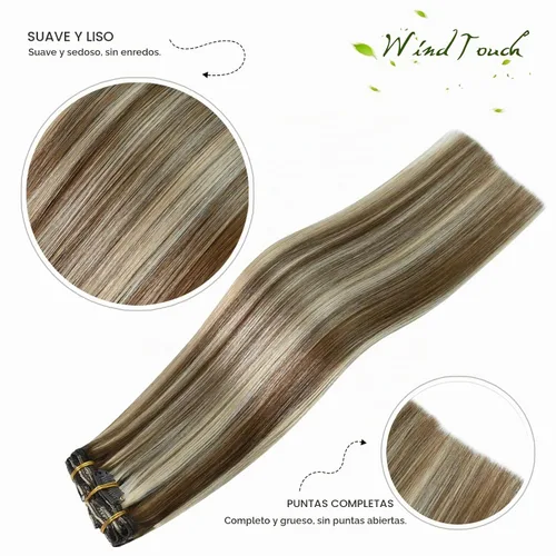 Vista 2 de WindTouch - Extensiones de cabello humano real con clip, color marrón claro a rubio con reflejos #6P613, 22 pulgadas, 4.33 onzas, 7 piezas #6p613