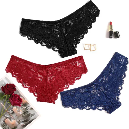Vista 5 de Avidlove Bragas de encaje sexy para mujer, 4 paquetes de ropa interior hipster en forma de V