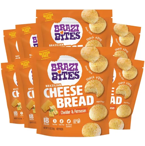 Vista 11 de Brazi Bites Pan de queso brasileño sin gluten: queso cheddar y parmesano Snacks de pan congelados vegetarianos Sin soja Sin ingredientes