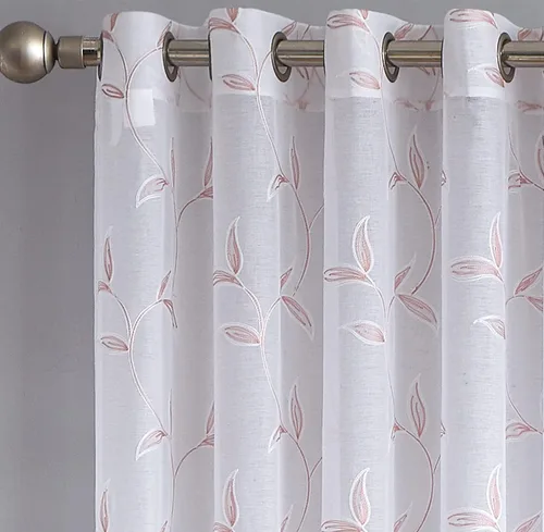 Vista 4 de Cortinas LinenZone de piso a techo para ventanas extra anchas. Cortinas transparentes blancas para divisores de habitación con bordado de hojas rosa