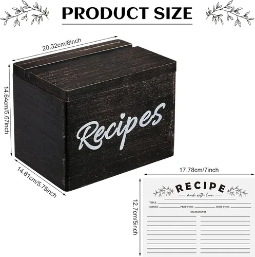 Vista 2 de Caja de recetas de madera con tarjetas, soporte para tarjetas de recetas de madera rústica con 50 piezas, juego de tarjetas de 5 x 7, caja
