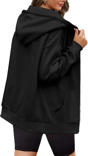Vista 2 de Sudaderas con capucha para mujer, con cremallera, de gran tamaño, chaquetas de otoño con bolsillos