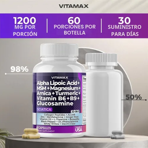 Vista 7 de Apoyo para la salud del nervio ciático - Suplemento para el nervio ciático en cápsulas con ácido fólico, guisante, glucosamina, MSM, complejo