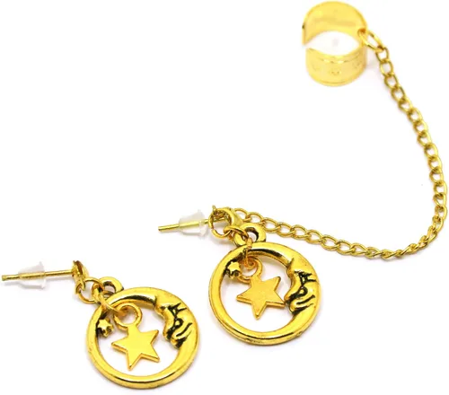 Vista 3 de Gold moon ear cuff Handmade celestial stars earrings fake cartilage cuffs half moon dangling ear wrap crescent boho Valentines jewellery gift