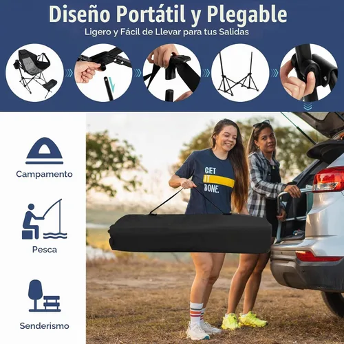 Vista 7 de Giantex Hamaca para exteriores, silla de campamento, mecedora con reposapiés extraíble, respaldo ajustable, almohada, soporte para tazas, bolsa