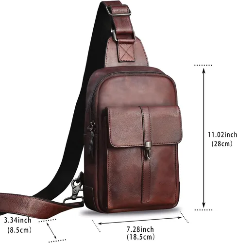 Vista 5 de IVTG Bolso bandolera de cuero genuino para hombres y mujeres vintage de piel de vaca real mochila bandolera bolsa de pecho, Café, Mochilas Sling