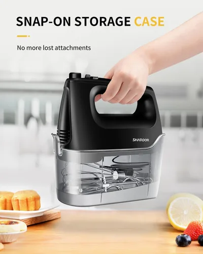 Vista 6 de SHARDOR Batidora de mano eléctrica, 6 velocidades y turbo, mezclador eléctrico de mano, estuche de almacenamiento a presión, 5 accesorios de acero