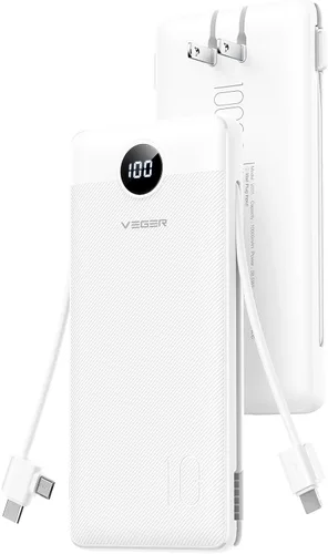 Vista 12 de VEGER Cargador portátil con enchufe de pared AC, cargador portátil delgado de 10000 mAh con cables incorporados, banco de energía USB C de 15W