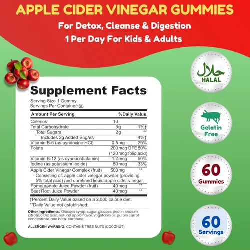 Vista 2 de SHIFAA NUTRITION Gomitas de vinagre de sidra de manzana Halal. Gomitas de limpieza y desintoxicación ACV para apoyo inmunológico y digestión.