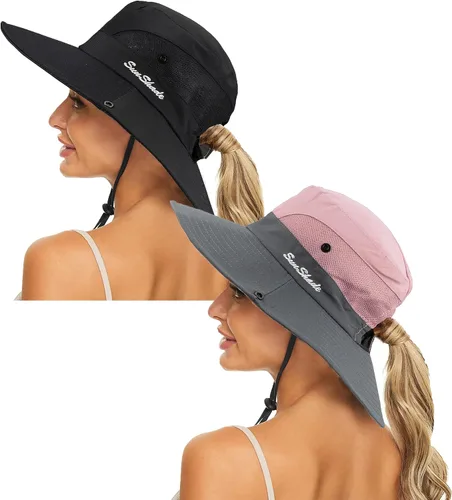 Vista 12 de Sombrero de sol de verano para mujer, cola de caballo, protección UV, ala ancha, plegable, sombrero Beige
