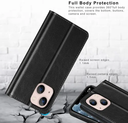 Vista 6 de Belemay Funda compatible con iPhone 14, funda tipo cartera de piel auténtica, tarjetero con bloqueo RFID, carcasa de poliuretano termoplástico a