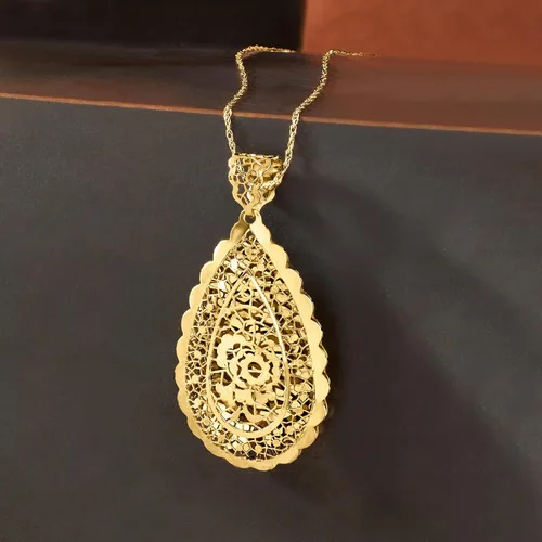 Vista 3 de Ross-Simons Colgante de lágrima de encaje floral pulido satinado de oro amarillo italiano de 14 quilates, Oro amarillo, No es una piedra preciosa