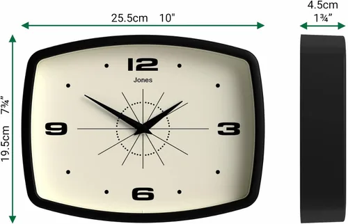 Vista 4 de JONES CLOCKS® Reloj de pared de película Reloj retro rectangular 10 Negro