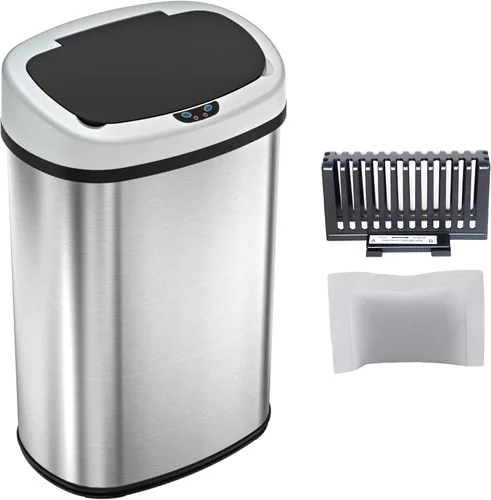 Vista 4 de iTouchless - Cubo de basura con sensor sin contacto y sistema de control de olores, forma ovalada, cubo de 13 galones y acero inoxidable para cocina