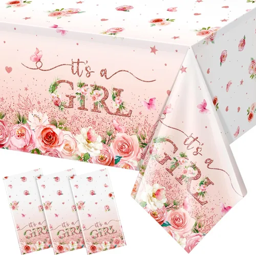 Vista 10 de Paquete de 1 mantel floral para baby shower, decoración de baby shower, decoración de fiesta de nacimiento con flores rosas para niñas, mantel