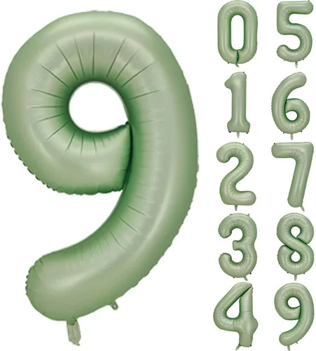 Vista 12 de Globos de números verde salvia para decoración de fiesta de cumpleaños de 40 pulgadas, globo grande del número 0