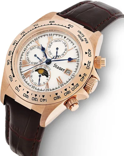 Vista 2 de Stauer Speedway Reloj automático para hombre Reloj analógico de diseño icónico Correa de reloj de cuero marrón en relieve de cocodrilo Caja