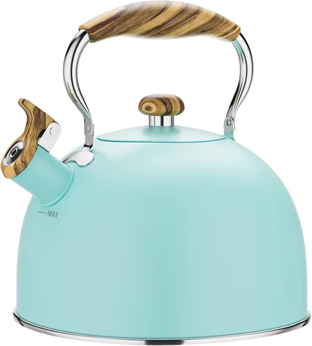 Vista 15 de Hervidor de té silbante de 2.6 cuartos de galón para estufa, de acero inoxidable de grado alimenticio con mango de madera con patrón fresco Negro