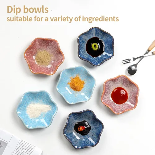 Vista 3 de Juego de 6 Cuencos de Inmersión de Cerámica, Platos para Salsa de Soja, Tazas para Salsas de 2 oz, Platos Laterales Pequeños Redondos de Crisantemo