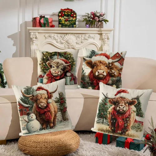 Vista 4 de Juego de 4 fundas de almohada de Navidad con diseño de vaca de las tierras altas, estilo campestre, vintage, para el hogar, sofá, sala de estar