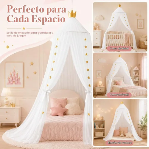 Vista 5 de Toldo de cama para niñas, suave, lavable y fácil de instalar, toldo para cuna para habitación de niñas con decoración de estrellas, toldo de cama