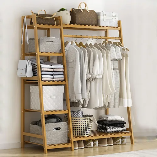 Vista 13 de Perchero de bambú para ropa, con estantes de almacenamiento y ganchos, organizador de almacenamiento de ropa abierto para entrada, dormitorio, sala