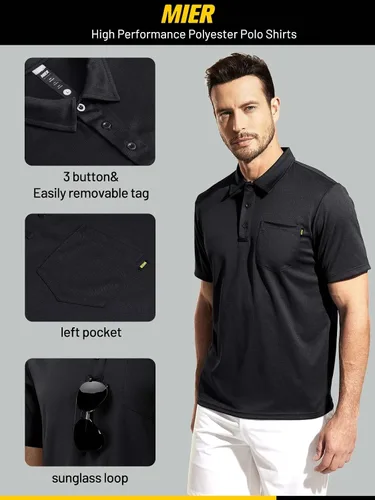 Vista 2 de MIER Men's Polo Shirts Polyester Casual Collared Shirts Short Sleeve with Front Pocket, Moisture-Wicking, Sun Protection
