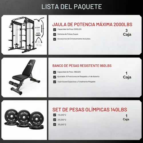 Vista 2 de JELENS M21 - Máquina Smith, jaula de potencia multifunción con sistema de cruce de cable de polea doble, banco de sentadillas todo en uno de 907 kg