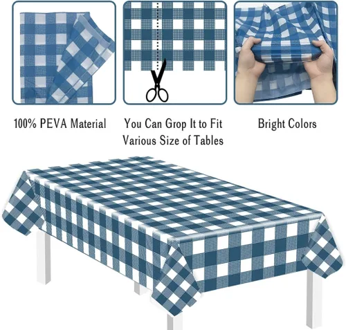 Vista 3 de SietDESEO - Paquete de 2 manteles a cuadros azul y blanco, 54 x 108 pulgadas, mantel premium desechable de plástico para picnic, diseño gingham