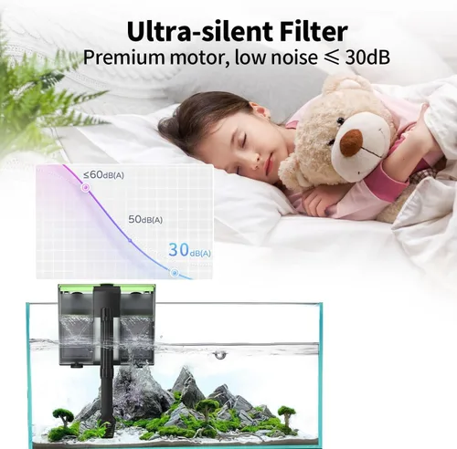 Vista 5 de Filtro de acuario 4 en 1 doble cascada U-V para agua verde y limpieza de algas, filtro silencioso de 8 W para colgar en el filtro de flujo ajustable