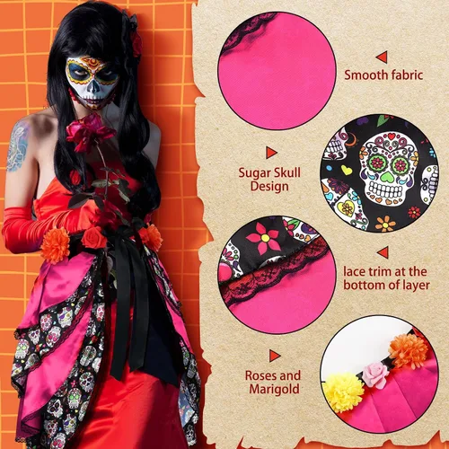 Vista 4 de Día de los Muertos Halloween con lazo en falda bulliciosa accesorios de disfraz Día de los Muertos lindo vestido de calavera para mujeres Senorita