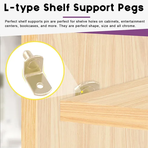 Vista 4 de Swpeet 60 pines para estante en L, clavijas de soporte doradas de 0.236 pulgadas con agujero, soporte de acero chapado en acero, clips de gabinete