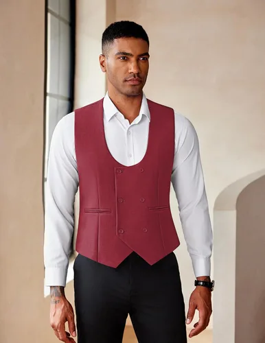 Vista 3 de COOFANDY Chaleco de traje para hombre, ajustado, doble botonadura, chaleco formal de negocios