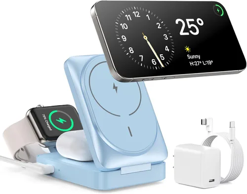 Vista 12 de Cargador Inalámbrico 3 en 1 Estación de Carga para iPhone, Soporte de Carga Magnético de 15W Certificado Qi2 para Mag-Safe con Adaptador USB C