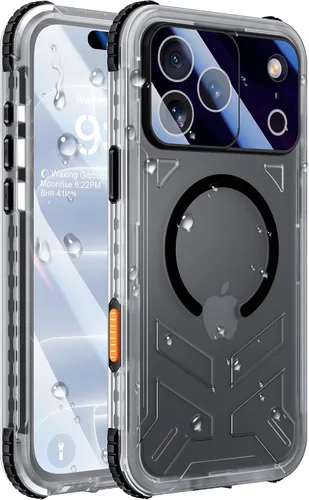 Vista 24 de Funda impermeable para iPhone 15 con Magsafe, protector de pantalla, cordón, IP68 militar de cuerpo completo a prueba de golpes, para deportes Negro