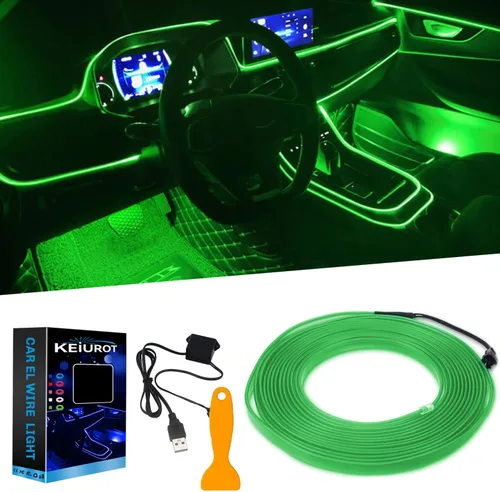 Vista 11 de Luces de cable EL para el interior del coche, luz de panel azul neón de 16 pies/5 m, tira de luz LED para coche, USB 5V, decoración