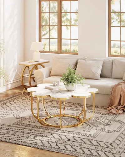 Vista 5 de LITTLE TREE Mesa de café de 39.37 pulgadas, blanca y dorada, moderna, con forma de flor, mesa central con tapa de mármol sintético y estructura