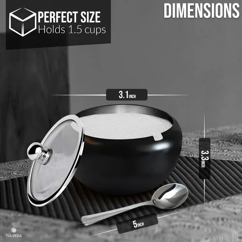 Vista 3 de Azucarero con tapa y cuchara Recipiente de azúcar de 12oz para barra de café Frasco portasal, té, caramelos, azúcar en cubo, azúcar moreno, ghee