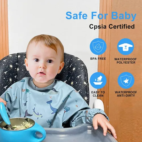 Vista 3 de Baberos de manga larga para bebés, impermeables, con bolsillo para atrapar alimentos para alimentar, comer