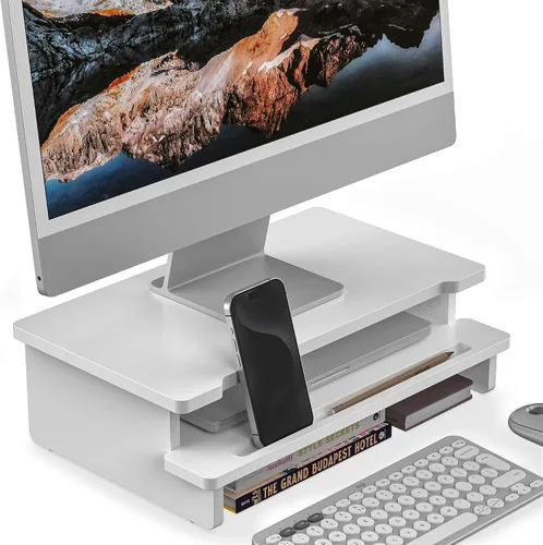 Vista 10 de Soporte elevador de monitor para escritorio, estante de escritorio de madera, organizador de almacenamiento con soporte para teléfono y tableta