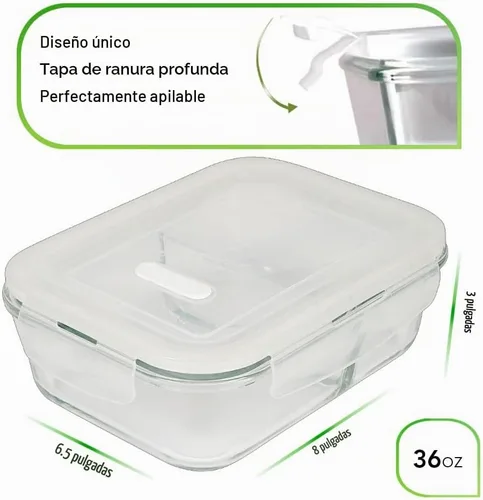Vista 2 de DAS TRUST Paquete de 3 recipientes de vidrio para almacenamiento de alimentos, 2 compartimentos, recipientes de vidrio para preparación de comidas