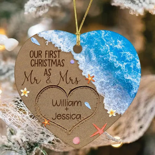 Vista 10 de Just Married - Regalo de recuerdo para recién casados, adorno de boda personalizado en la playa con nombres y fecha