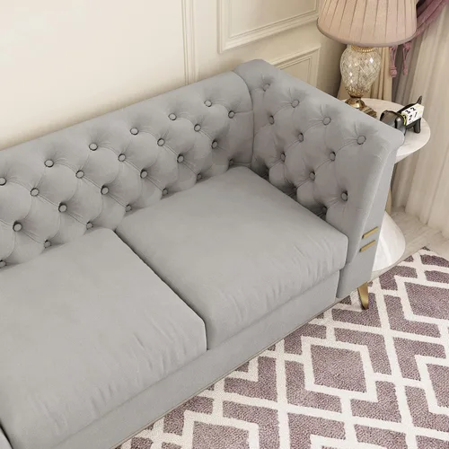 Vista 6 de Sofá de terciopelo de 82 pulgadas con patas de metal para sala de estar y dormitorio (gris claro)