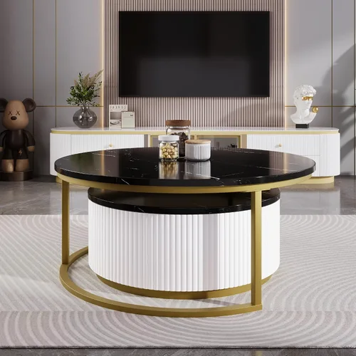 Vista 3 de Moderna mesa de centro redonda anidable acanalada con cajón en negro y dorado en 27.6 pulgadas